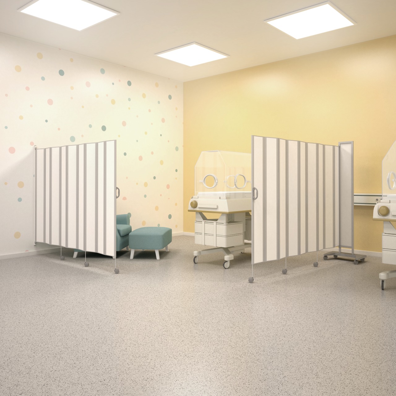 Biombo hospitalar ScreenFlex em ambiente pediátrico