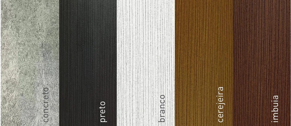 Cores disponíveis do forro de PVC Revitex: concreto, preto, branco, cerejeira e imbuia