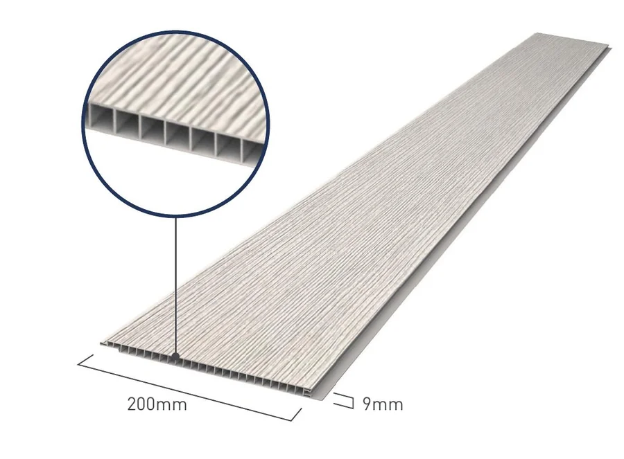 Detalhe do perfil do forro de PVC Revitex, 200mm por 9mm