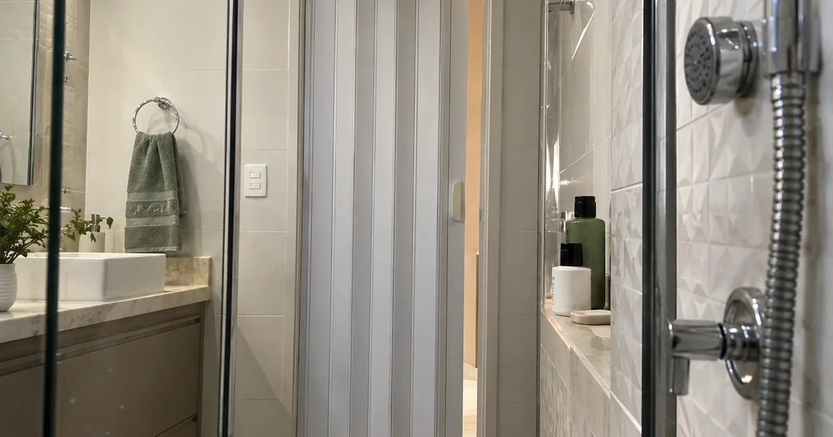 Porta sanfonada branca TWB instalada em banheiro